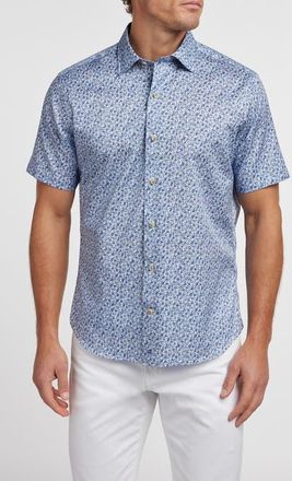 David Donahue Botanical Print Short Sleeve Cotton Button-Up Shirt in Navy at Nordstrom, Size Xx-Large