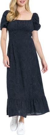London Times Floral Embroidered Eyelet Puff Sleeve Cotton Midi Dress in Maritime Navy at Nordstrom Rack, Size 10