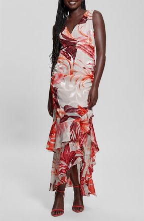 Guess Ava Ruched Ruffle Sleeveless Maxi Dress in Tropic Eclipse Print Coral at Nordstrom, Size 14