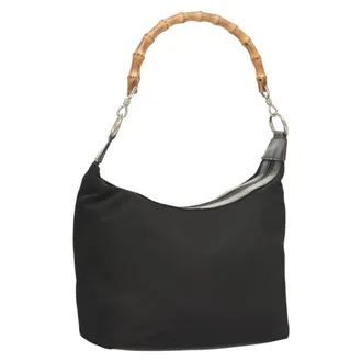 Gucci Vintage Bamboo Hobo Nylon Black Nylon Handbag (Pre-Owned)