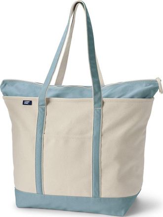 Lands End Zip Top Long Handle Canvas Tote Bag in Natural/pale Teal at Nordstrom, Size X-Large