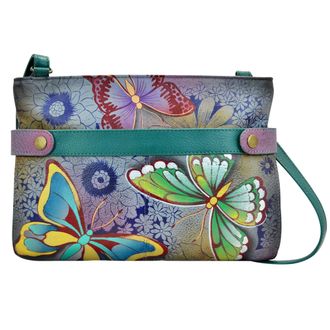 Anuschka Womens Genuine Leather Medium Crossbody Handbag - Zip-Top Organizer with Snap Side, Butterfly Paradise, One Size