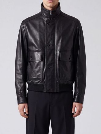 Auralee Leather Bomber Jacket with High Collar and Flap Pockets