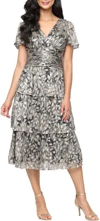 S.L. Fashions Metallic Tiered Surplice Neck Midi Dress in Black Gold at Nordstrom, Size 10