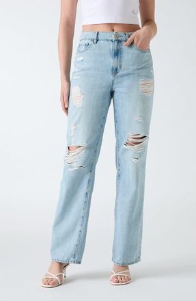 Guess Distressed High Waist Straight Leg Jeans in Blue at Nordstrom, Size 30 X 32
