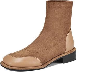 Generic Womens Suede-Leather Sock Ankle Boots Square Toe Low Block Heels Side Zipper Comfortable Non-Slip for Daily Commute Casual,Apricot,4.5 UK