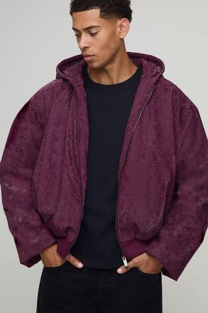 Boohooman Mens Oversized PU Snake Printed Hooded Bomber Jacket - Burgundy - Size X-Small