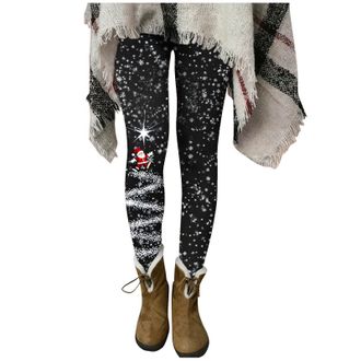 Generic Christmas Leggings for Women Christmas Costume Funny Snowflake Xmas Tree Print Stretchy Soft High Waisted Tights Black Fitness Running Gym Sports Full