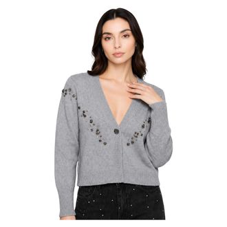 Kocca Cardigan met V-hals en bloemenjuweel versieringen - Dames - Vesten - Grijs - XL - Wol - Truien & Vesten