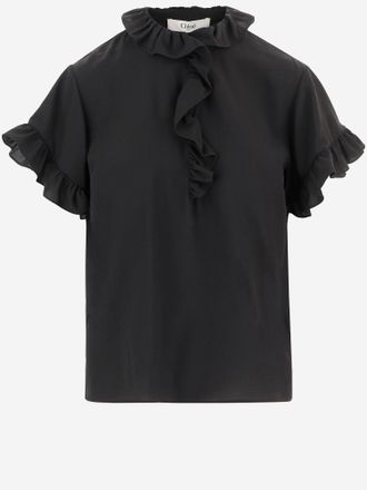Chlo&eacute; top met ruches en korte mouwen in cr&ecirc;pe de Chine