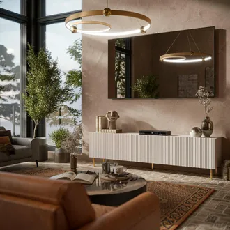Dmora Dmora - Mobile Porta Tv Varenna, Madia Da Salotto Con Quattro Ante Battenti, Rialzato Da Terra, 200x42 H52 Cm, Beige