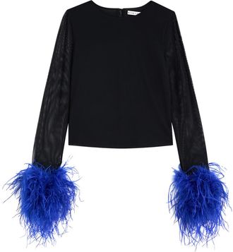 Alice & Olivia Delaina Feather-trimmed Mesh top - Black - L (UK14 / L)