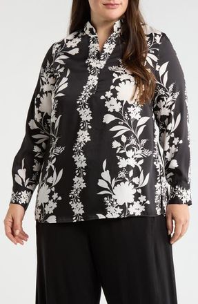 Anne Klein Floral Print Popover Top in Anne Black/White Dove at Nordstrom, Size 2X