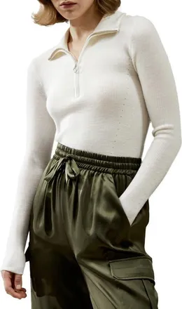 LilySilk Gaia Ribbed Half Zip Ultra-fine Merino Wool Sweater in White at Nordstrom, Size Medium