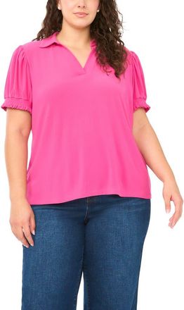 CeCe by Cynthia Steffe Puff Sleeve Spread Collar Crepe Knit Top in Magenta at Nordstrom, Size 2X