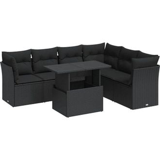 vidaXL Set De Sof&aacute;s De Jard&iacute;n 7 Pzas Con Cojines Rat&aacute;n Sint&eacute;tico Negro