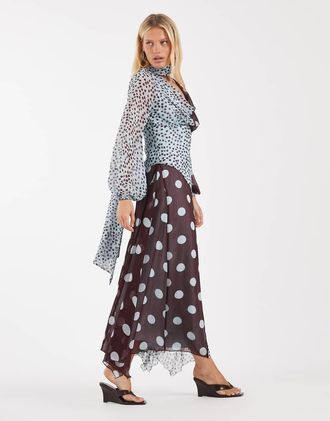 Asos Vestito lungo con scollo ad anello blu a pois con dettaglio stile sciarpa-Multi