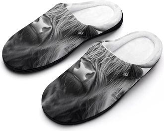 Generic Black And White Highland Cow Mens House Slippers Memory Foam Washable Cotton Slip on Home Shoes