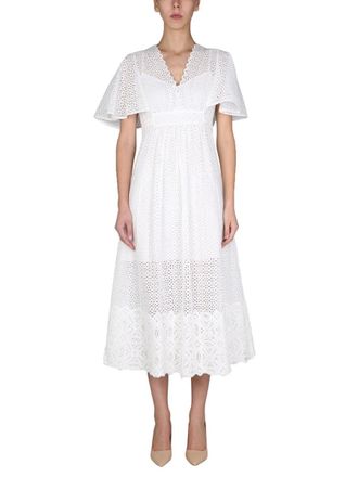 Anna Molinari White Eyelet Embroidered Midi Dress With V-Neck And Flutter Sleeves