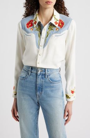 The Great. & Stetson The Embroidered Western Shirt in Cream W Chambray Mix at Nordstrom, Size 0