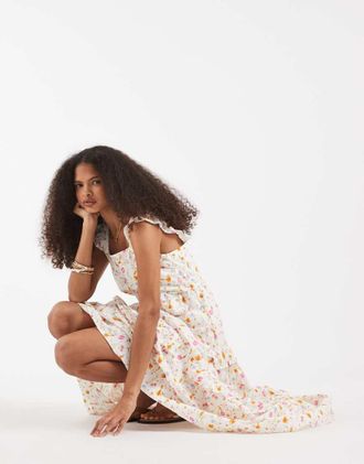 Vero Moda Vestito lungo a balze color crema con volant e stampa a fiori-Bianco