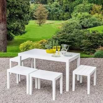 Dmora Sal&oacute;n De Jard&iacute;n Sanremo, Conjunto De Jard&iacute;n Con 1 Mesa Rectangular Y 4 Bancos, Conjunto De Interior Y Exterior Para Pic Nic, 100% Made In Italy, Blanc