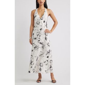 Open Edit Halter Maxi Dress in Ivory- Black Flowers at Nordstrom, Size Xx-Small