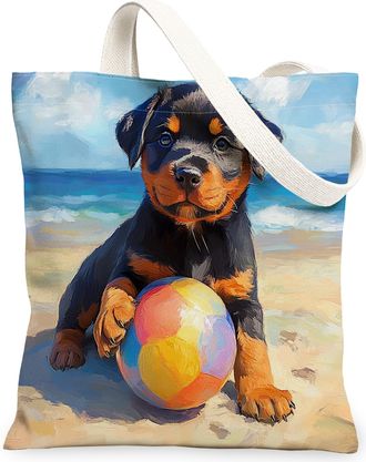 Generic Summer Samoyed Dog Canvas Tote Bag for Shopping 13x15, Beach Coastal Beachy Puppy Reusable Grocery Print Bag for Women, Fun Pet Beach Aesthetic Painti