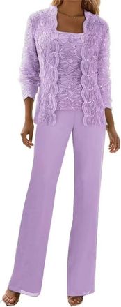Generic 3 Pieces Lace Chiffon Mother of The Bride Pant Suits with Jackets Sequins Wedding Guest Dresses for Women (Lavender,L)