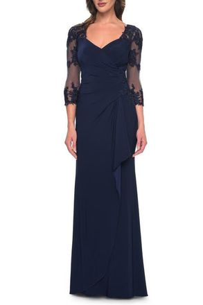 La Femme Lace and Net Jersey Gown with Illusion Sleeves in Navy at Nordstrom, Size 12