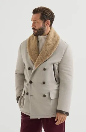 Brunello Cucinelli Wool and cashmere cavalry coat with thermore padding and shearling collar in Grey at Nordstrom, Size 56