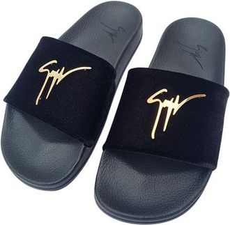 Giuseppe Zanotti Black & Gold Tone Logo Slides Size 39