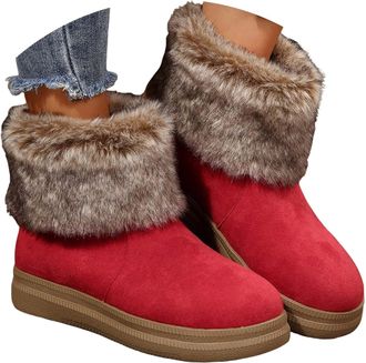 Generic Womens Winter Boots - Warm Fur Lined Ankle Booties, Non-Slip Comfortable Slip On Short Furry Snow Boots(A-red,7.5)