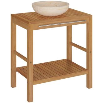 vidaXL Mueble Tocador Madera Teca Maciza Con Lavabo De M&aacute;rmol Crema Vidaxl