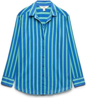 M&S Collection Stripe Long Sleeve Cotton Button-Up Top in Blue/multi at Nordstrom, Size 10