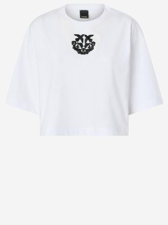 Pinko Pinko cropped T-shirt met geborduurde dwergpapegaaien