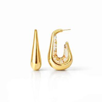 Gold & Honey Womens Drop Hoop Earrings In Clear Gold Leaf