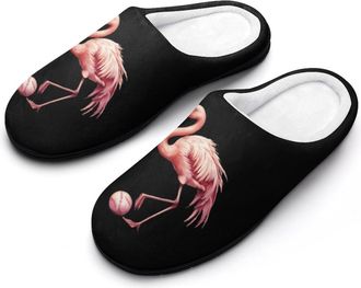 Generic Flamingo Playing Softball Funny Mens Slippers Cotton Warm House Shoes Memory Foam Sandals Print Size 7-14