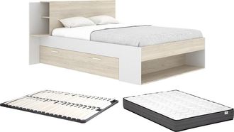 Vente-Unique Cama 140 x 190 cm con almacenamiento - Color: Natural y blanco + Somier + Colch&oacute;n - KEROSIA