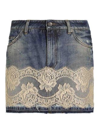 Dolce & Gabbana Mini Skirt In Denim With White Lace