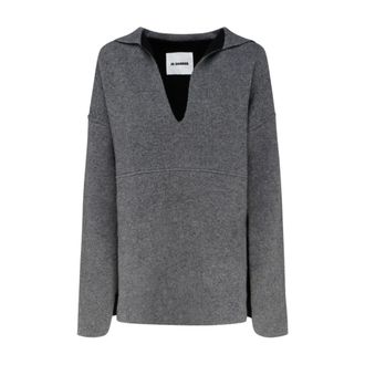 Jil Sander V-neck Knitwear, female, Gray, Size: XS Grey Virgin Wool Sailor Neckline Sweater