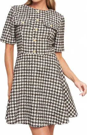 Flying Tomato Tilde Short Sleeve Button Tweed Mini Dress In Brown Multi