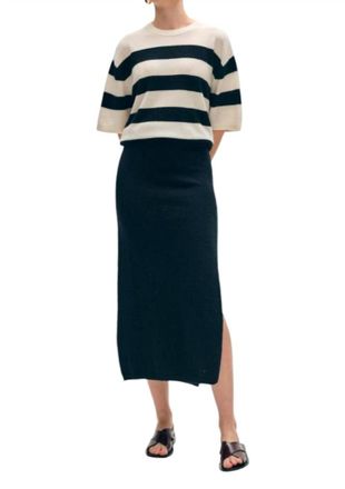 White + Warren Cotton Slub Side Slit Skirt In Black