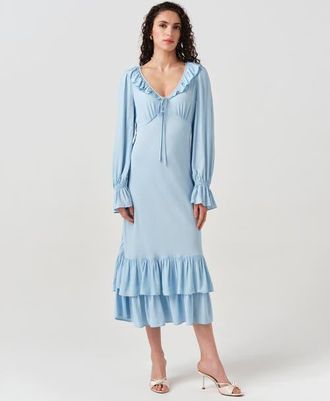 Ghost London Melina Crepe Ruffle Hem Midi Dress in Blue at Nordstrom, Size 12
