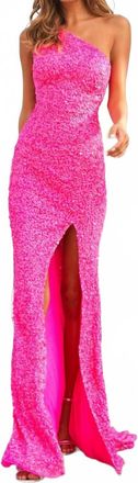 Sherri Hill High Slit One Shoulder Dress In Neon Pink
