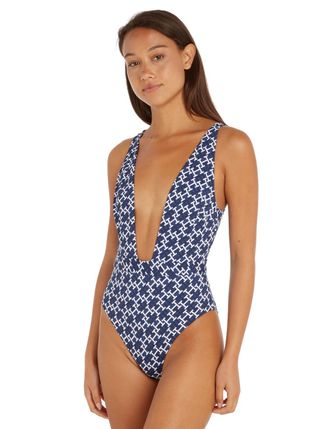 Tommy Hilfiger Womens UW0UW04138 Monogram Plunge Swimsuit - Blue Nylon - Size 16 UK