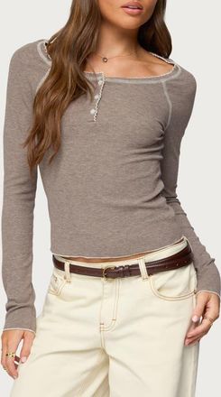Edikted Ensley Contrast Stitch Henley Top in Brown at Nordstrom, Size X-Small