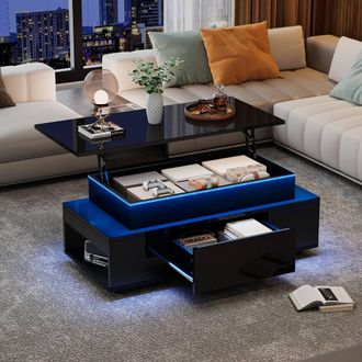 Matteo Black High-Gloss Lift-Top Coffee Table with LED Lights & Storage