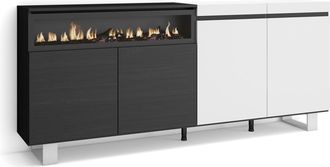 Skraut Home Aparadores Para Sal&oacute;n, Gran Capacidad De Almacenaje, 200x87x35cm, 4 Puertas, Chimenea El&eacute;ctrica, Dise&ntilde;o Industrial, Estilo Moderno, Blanco Y Negro - S