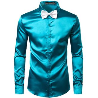 PARKLEES Mens Luxury Shiny Silk Like Satin Long Sleeve Dress Shirts for Party Disco Prom PZLCL14 Turqoise XL